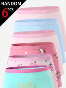 SHEIN 6条装女童可爱卡通像素熊、美人鱼、独角兽、火烈鸟印花随机款透气纯棉三角裤，四季皆宜 - 彩色 - 查看 7