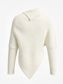 GlowEve Slouchy Elegant Semi-High Neck Batwing Sleeve Asymmetrical Slimming Knit Top Office Work Tea Party Brunch Off-White Fall - Apricot - View 2