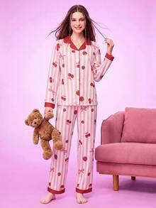 Provexi Provexi Bubble Crinkle Pink Striped Strawberry Print Long Sleeve Long Pants Pajama Set - Multicolor - View 4