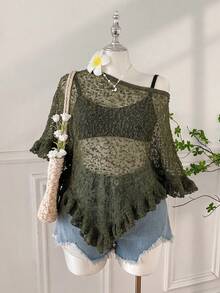 SHEIN EZwear 大尺碼女款純色不對稱肩針織上衣，適合日常穿著 - 軍綠色 - 查看 1