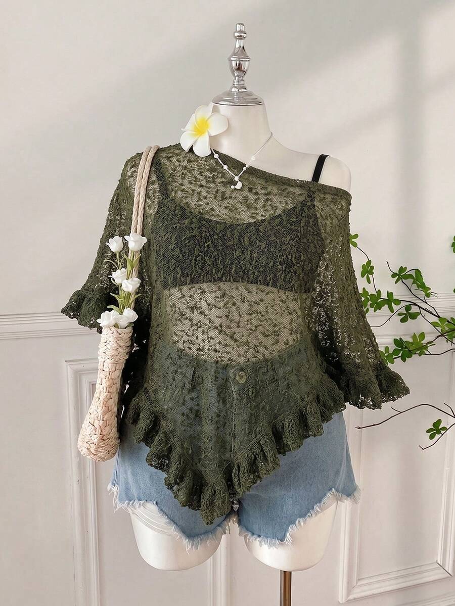SHEIN EZwear 大尺碼女款純色不對稱肩針織上衣,適合日常穿著 - 軍綠色 - 查看 1