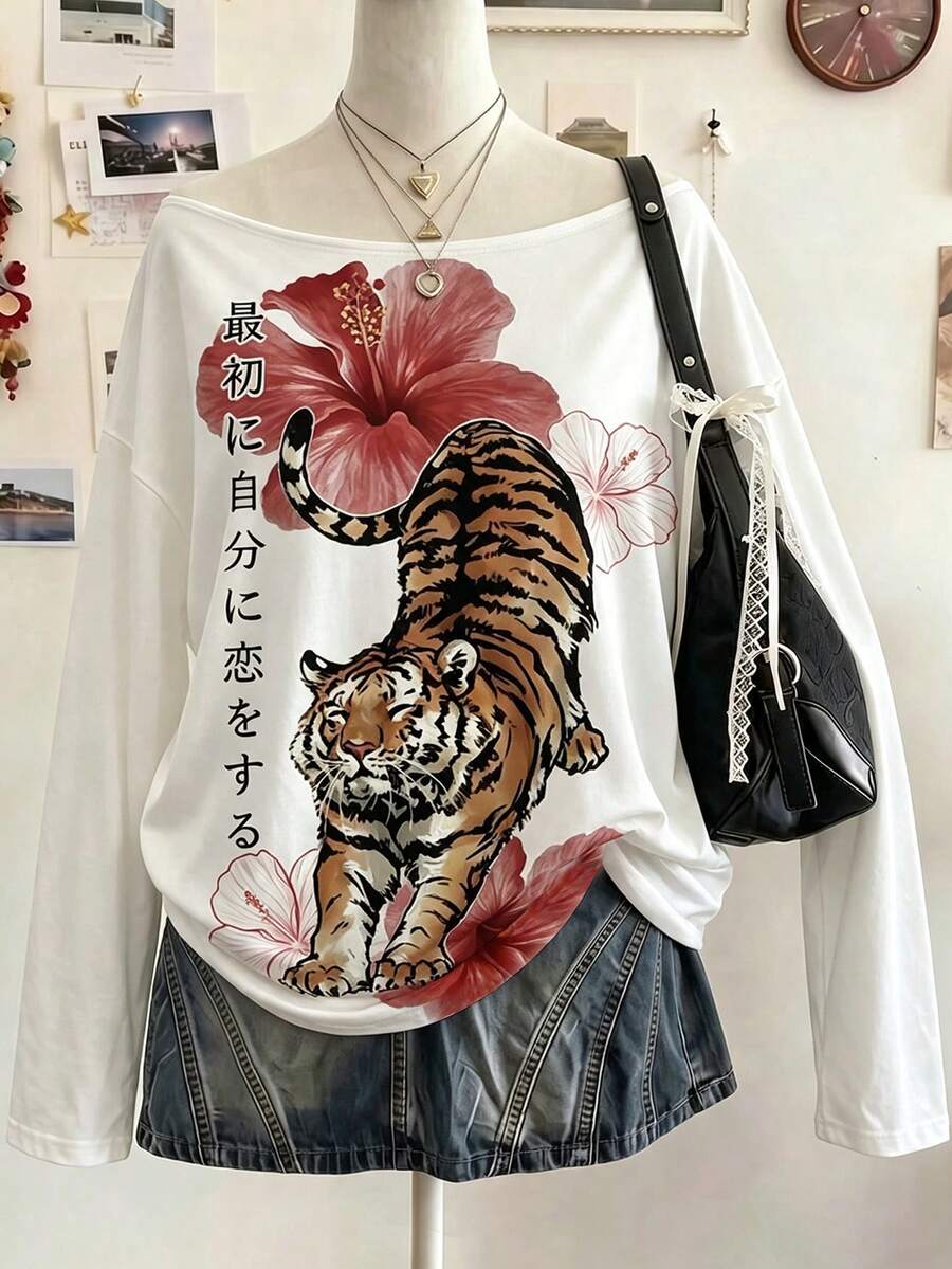 Lalippa 女款寬鬆露肩印花T恤,紅色花卉與虎紋圖案,休閒風格 - 彩色 - 查看 1