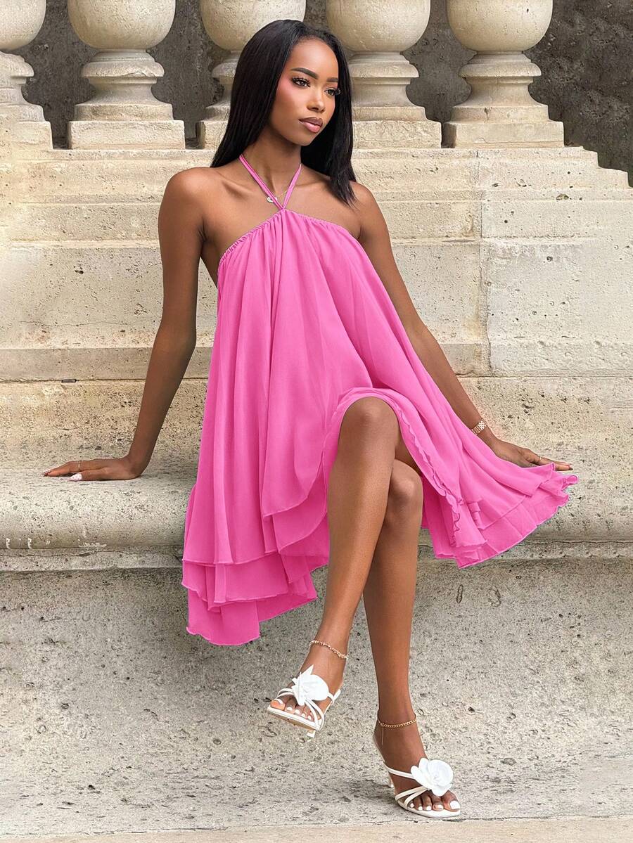 Mima John Women's Chiffon Layered Ruffle Sleeveless Mini Dress Party Elegant Summer - Hot Pink - View 1