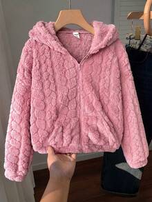 SHEIN Tween女孩舒適柔軟麥穗圖案休閒時尚毛絨外套 秋冬款 - 粉色 - 查看 2