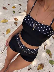 BamGleam Women's Summer Beach Polka Dot Print Camisole Top And Shorts Set For Vacation - Black and White - View 5