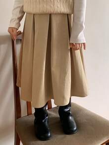 DAZY Loose A-Line Pleated Long Skirt Solid Color Cute Minimalist Young Girls Skirt Fall - Khaki - View 7