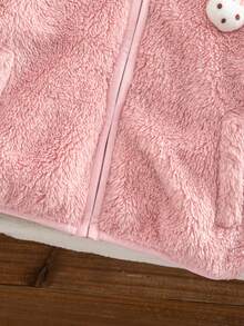 SHEIN Young Girl Knitted Solid Color Faux Fur Hooded 3D Cute Rabbit Patch Casual Jacket - Pink - View 4
