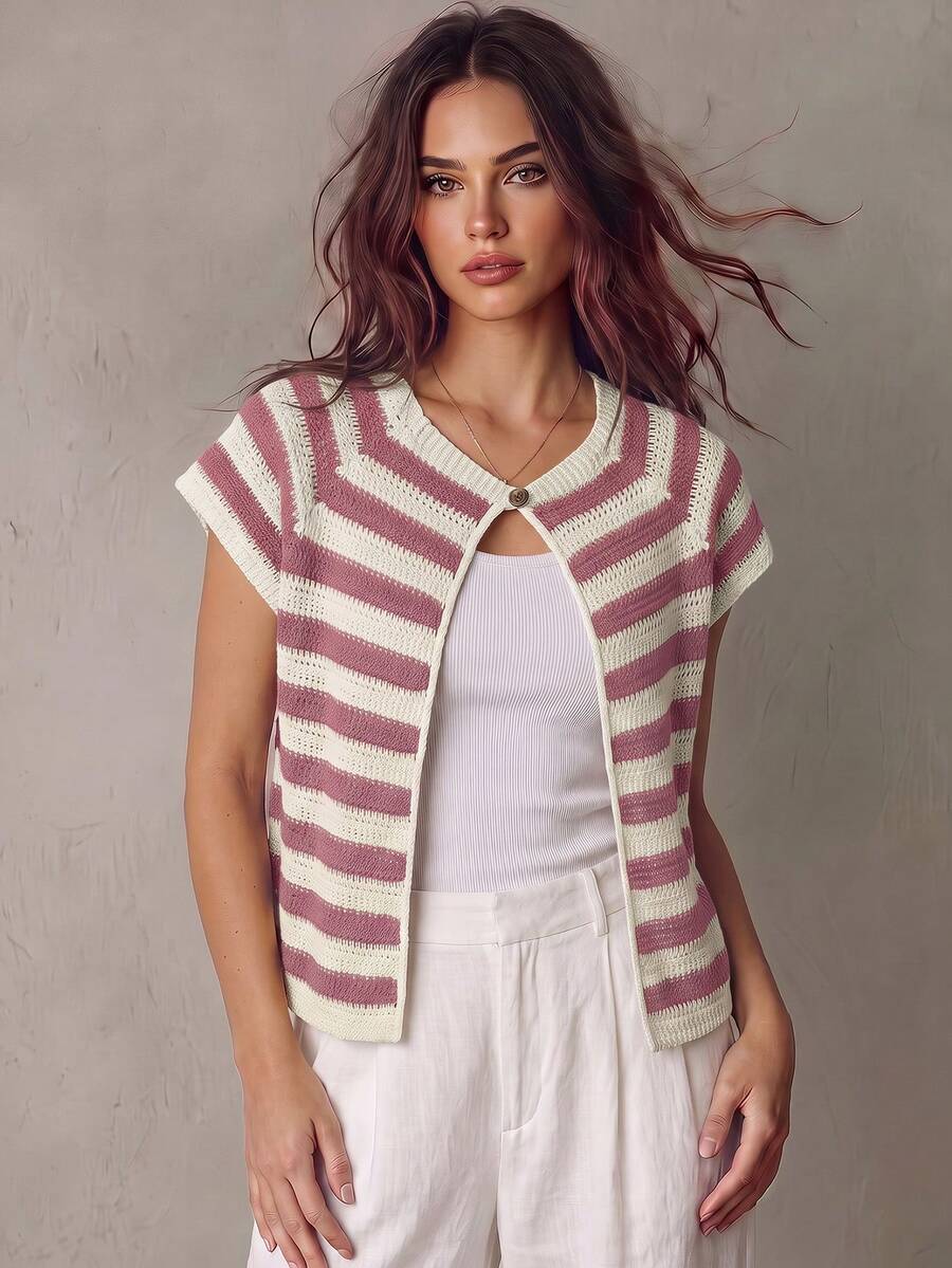 Franclia New Unique Striped Round Neck Cardigan, Versatile & Slimming Design For Women - Multicolor - View 1