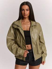 SHEIN BAE Women Olive Green Faux Leather Jacket, Stand Collar Oversized Moto Biker Coat With Utility Pockets, Casual Streetwear For Fall Winter Daily Wear - Mustard Yellow - View 5