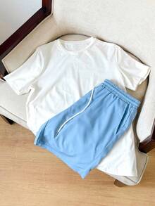 EASEVO Plus Size Men Slogan Print Round Neck Short Sleeve T-Shirt And Shorts Casual Set, Vacation, Father's Day Gifts - Multicolor - View 3