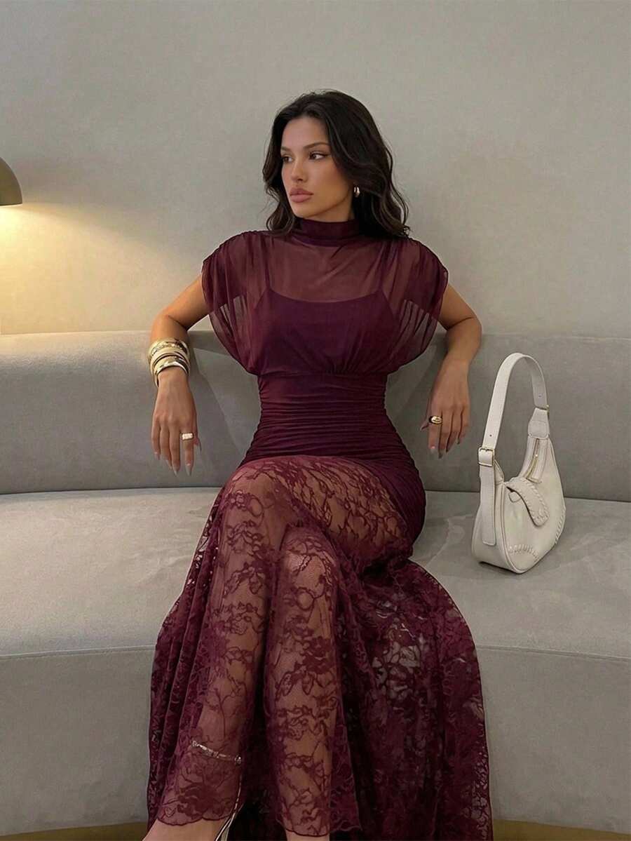 Firerie Women's Lace Patchwork Pleated Elegant Lace Sexy Waist-Cinched Party Dinner Club Night Dress Burgundy Summer