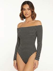 SHEIN BASICS Women's Striped Off-Shoulder Long Sleeve Bodysuit - Black and White - View 6