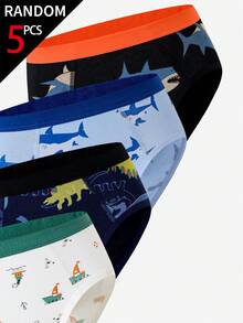[5 Random Piece] Young BoyColorful Cute Graphic Print Cotton Briefs, Random Assorted Patterns Like Shark, Dinosaur - Multicolor - View 7