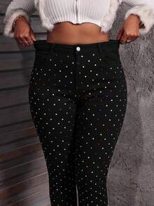 Slaydiva Plus Size Women's Rhinestone Embellished Casual Daily Wear Jeans - Black - View 2