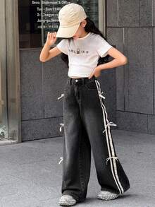 SHEIN 大女孩拼色條紋蝴蝶結裝飾牛仔長褲 - 黑色 - 查看 3