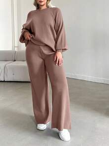 EURMUSE Plus Size Women Solid Color Raglan Sleeve Sweater And Knit Pants Casual Set - Dusty Pink - View 8