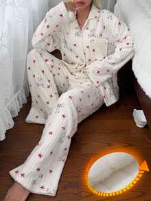 DAZY Winter Cute Bow & Bear Pattern All-Over Print Plush Women's Pajama Set Fall - Blue - View 10