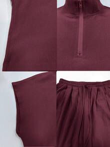 SHEIN Holidaya 新款淺色水洗亞麻POLO衫落肩3/4燈籠褲兩件套休閒度假風，適合度假、日常通勤與旅行 - 酒紅色 - 查看 3