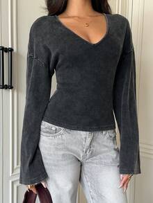 SHEIN EZwear 黑色針織女款V領落肩長袖休閒T恤 - 黑色 - 查看 3