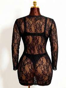 Maweii Gaun Mini Transparan Berbahan Renda Patchwork Ukuran Besar untuk Wanita, Cocok untuk Musim Gugur. - Hitam - View 2