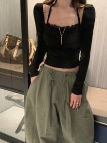 DAZY Women's Solid Color Casual Korean Style Loose Wide-Leg Pants Cute Tops - Army Green - View 2
