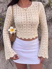 SHEIN MOD Elegant Boho Women's Crochet Knit Bell Sleeve Crop Top Casual Hollow Out Sweater, Autumn Beach Vacation, Shopping, Party Attire Beige - Apricot - View 7