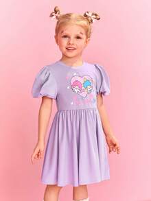HELLO KITTY AND FRIENDS | SHEIN 少女休閒可愛心形圖案&卡通角色印花泡泡袖a字裙 - 紫色 - 查看 6