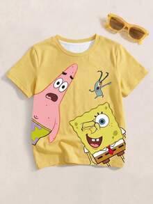 SpongeBob SquarePants | SHEIN 小男孩圓領短袖可愛卡通印花夏季T恤，全身印花 - 白色 - 查看 1