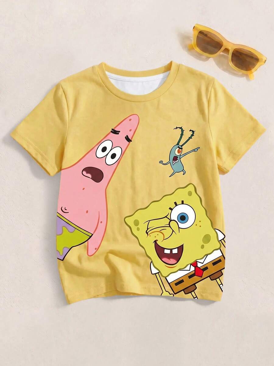 SpongeBob SquarePants | SHEIN 小男孩圓領短袖可愛卡通印花夏季T恤,全身印花 - 白色 - 查看 1