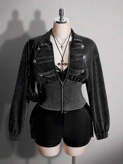 SHEIN ICON Plus Size Women's Double-Breasted Napoleon Waist-Cinching Casual Autumn Jacket