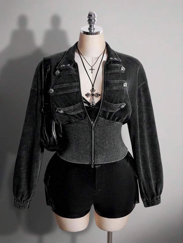 SHEIN ICON Plus Size Women's Double-Breasted Napoleon Waist-Cinching Casual Autumn Jacket Fall