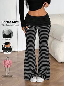 SHEIN PETITE 女款條紋拼接摺腰喇叭褲 - 彩色 - 查看 3