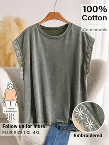 CosyJoli Plus Size Women's Round Neck Floral Embroidered Pattern Casual Versatile Daily Wear T-Shirt Casual Vacation Daily Going Out Office T-Shirt For Women - Green - View 4