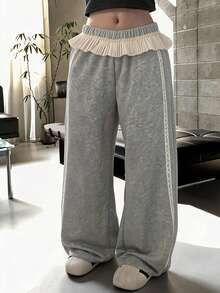 DAZY Women's Korean Style Casual Fresh Girl Loose Long Pants With Ruffle Lace Cute Tops Everyday Beach Grey Autumn - Grey - View 4
