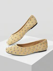 Mnmlis Women's Fashion Square Toe Rivet Decorative Flat Sole Shoes Daily Commute Party Comfortable And Versatile - Apricot - View 3