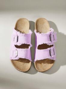 Solecia 女款夏季粗帆布雙扣開頭平底休閒涼鞋，日常海灘度假百搭款 - 淺紫色1 - 查看 1