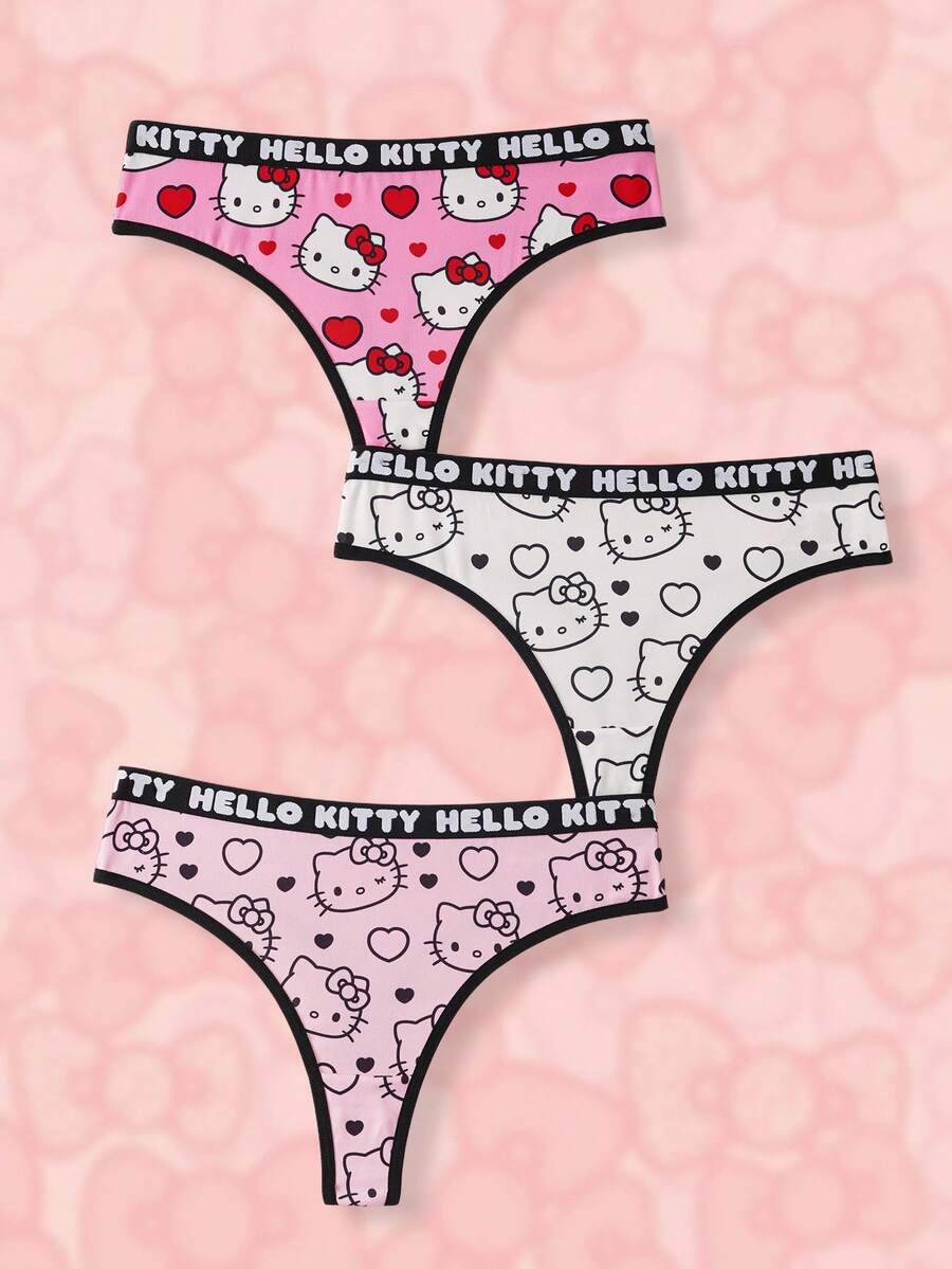 HELLO KITTY AND FRIENDS | SHEIN 女士舒适猫咪印花字母胶带丁字裤 - 粉色 - 查看 1