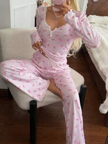 CottageSlumber Pink Bow Print Long Sleeve Long Pants Women's Pajama Set - Pink - View 3