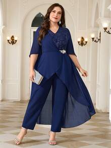 Reflora New Plus Size Women's Fashion Elegant Casual Party Formal Lace Patchwork Wrap Waist Jumpsuit Autumn Navy Blue Wedding - Blue - View 5