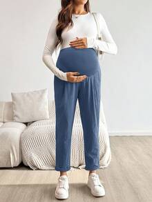 SHEIN 孕婦純色可調腰圍休閒長褲，附口袋，秋季款 - 藍色 - 查看 5