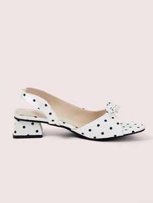 CUCCOO DOLLMOD Women's Shoes, Beige Upper Black Polka Dots, Satin Texture, Back Strap Sandals, Bow Square Toe Low Chunky Heels, Elegant Commuting Out Versatile Fash - Black and White - View 8