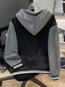 SHEIN 1件裝青少年男孩休閒運動學院風復古連帽夾克，抓絨材質針織衫，適合返校季、生日派對、晚宴、表演、婚禮、洗禮、開學典禮，適合日常穿著、上學、旅行、運動，適合秋冬季節 - 黑色 - 查看 3