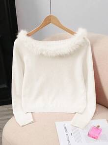 Franclia Suéter con hombros descubiertos, cuello de piel y parches de unicolor de moda - Albaricoque - Ver 6