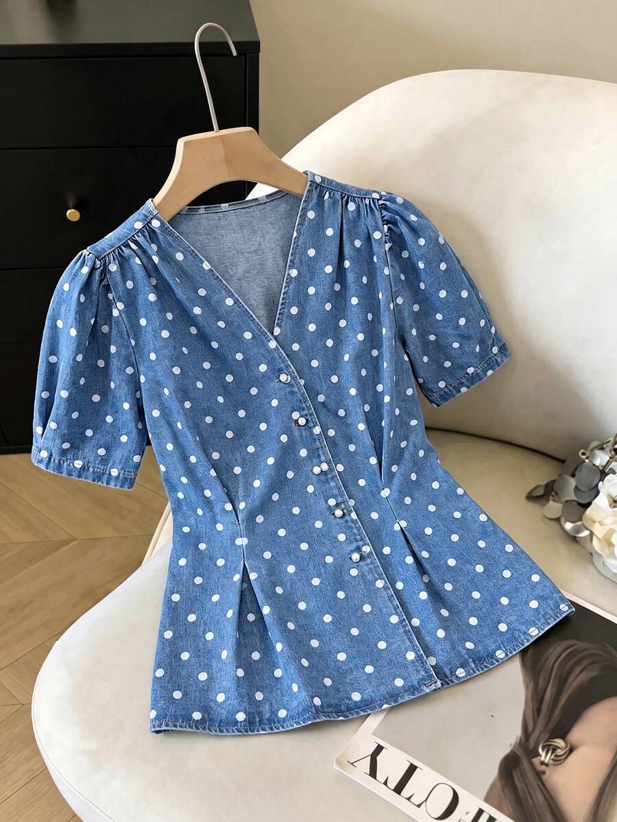Qadelle 女款圓點印花V領短袖牛仔上衣