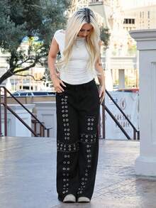 Grunge Punk ROMWE X Capri Everitt Spring Casual Black Punk Metal Rivet Studded Cross Embroidered Loose Wide-Leg Low Waist Jeans - Black - View 5