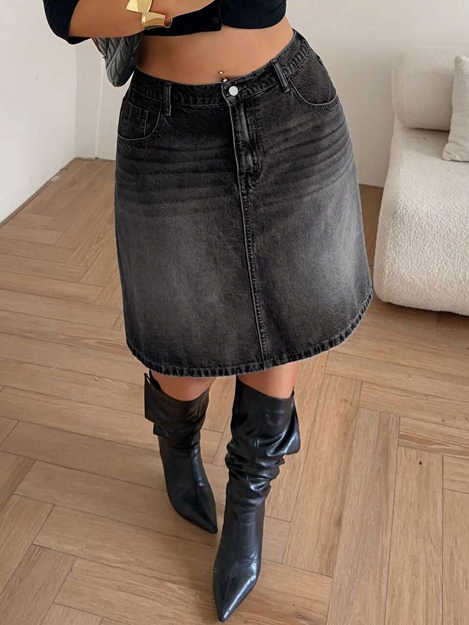 Dazy Plus Regular Mid-Waist A-Line Bermuda Denim Skirt, Casual Elegant Denim Skirt, Plus Size Women Spring/Summer