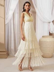 VOLUPTÉ CURVE Women's Spring/Summer Cream White Maxi Dress Sequin V-Neck Sleeveless Fringe Gown, Elegant Party Dinner Wedding Date Guest - Beige - View 6