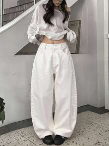 DAZY Women's Plaid Loose Casual Solid Color Girlish Versatile Pants, Suitable For All Seasons Fall - White - View 4