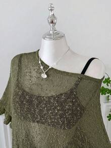 SHEIN EZwear 大尺碼女款純色不對稱肩針織上衣，適合日常穿著 - 軍綠色 - 查看 5