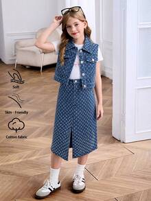 青少年女孩日常休閒提花牛仔兩件套，翻領無袖前開扣背心與中腰前開衩裙套裝，適合上學穿著 - 藍色 - 查看 8